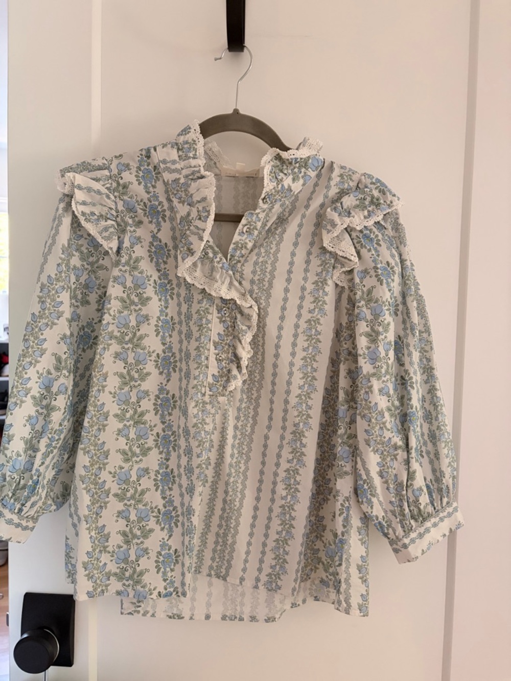Floral Ruffled Blouse in Light Blue and white